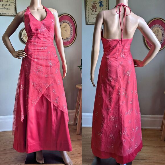 Vintage Y2K Blondie Nites Prom Gown Maxi Dress Pink Glitter Regency Size 9 - Picture 1 of 14